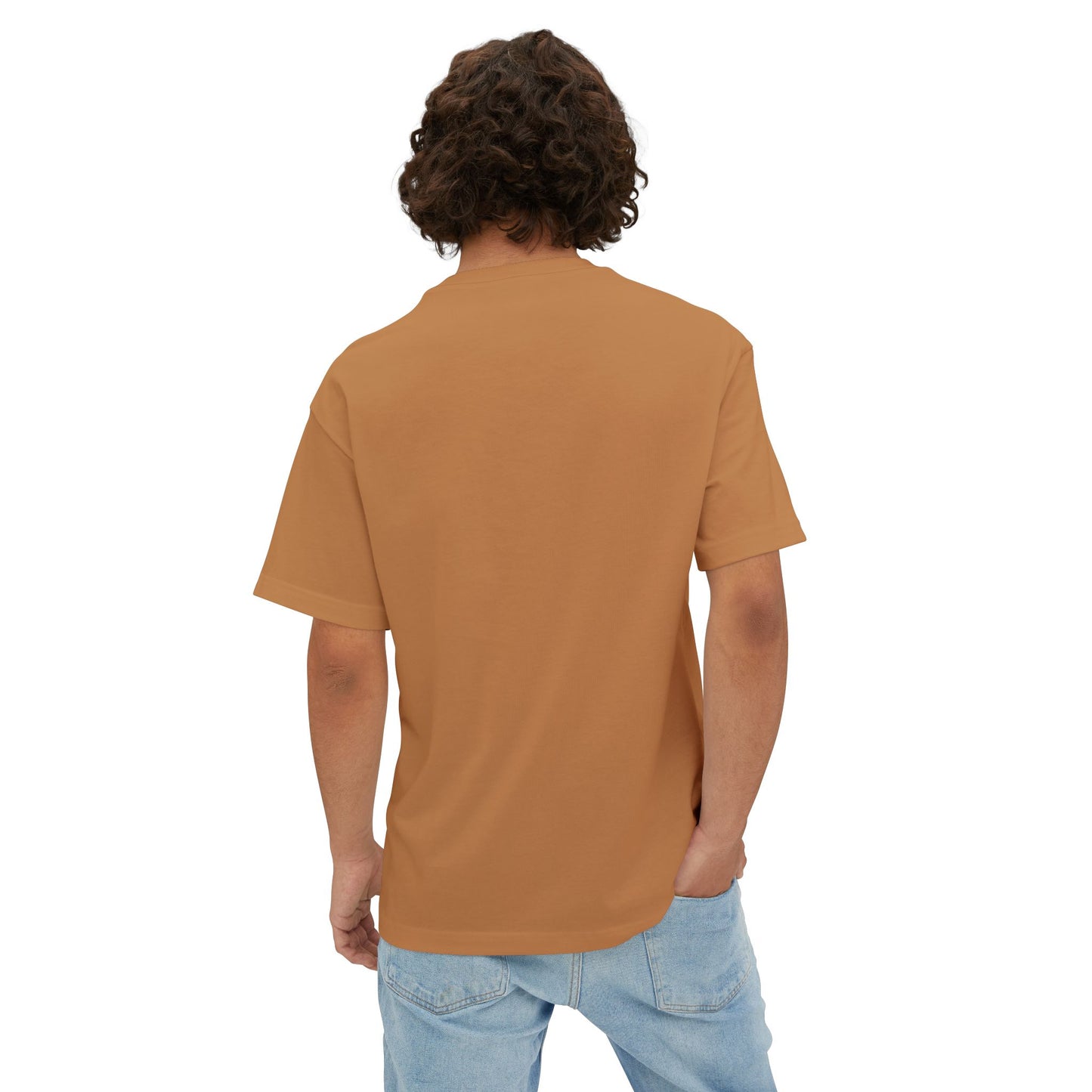 Model wearing Broken Face oversized boxy tee in Toast– back view.