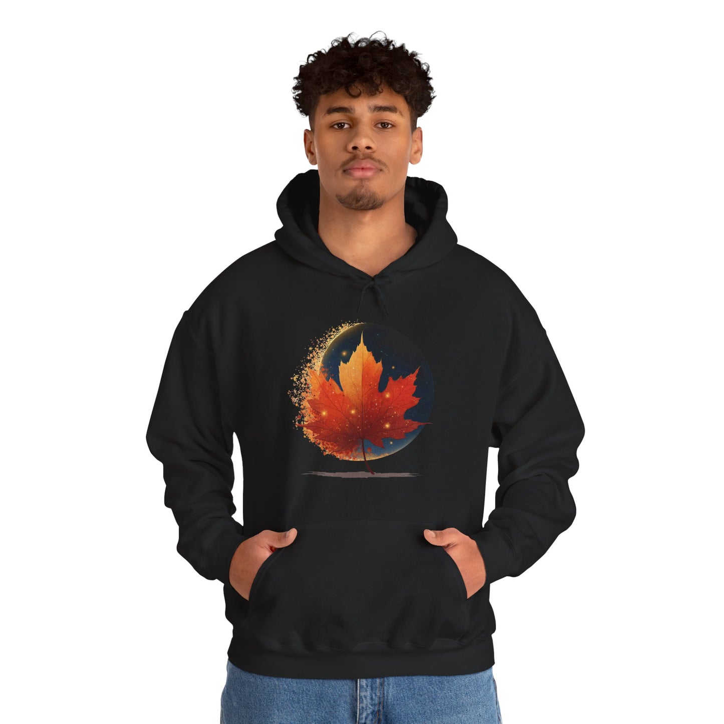 Model front wearing black Cosmic Maple streetwear hoodie