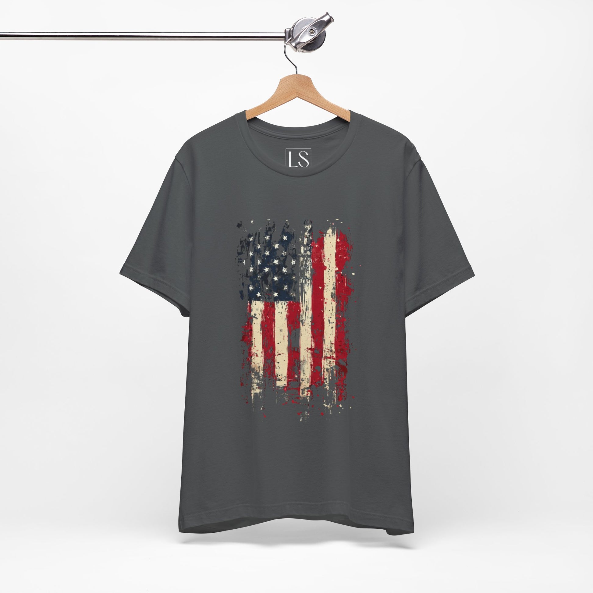 USA Grunge Flag Asphalt T-Shirt – Front View on Hanger