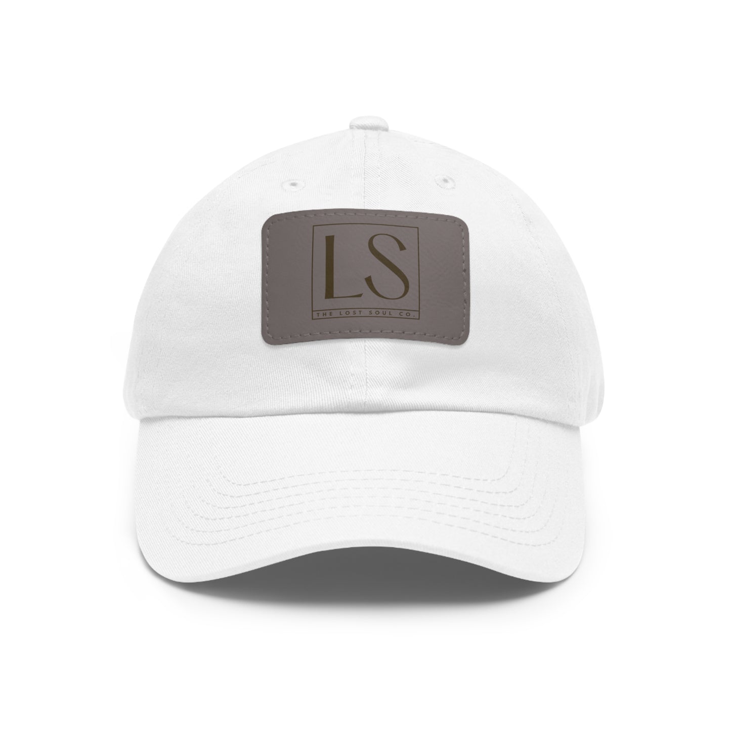 White hat with LS logo debossed on grey faux leather patch – The Lost Soul Co.
