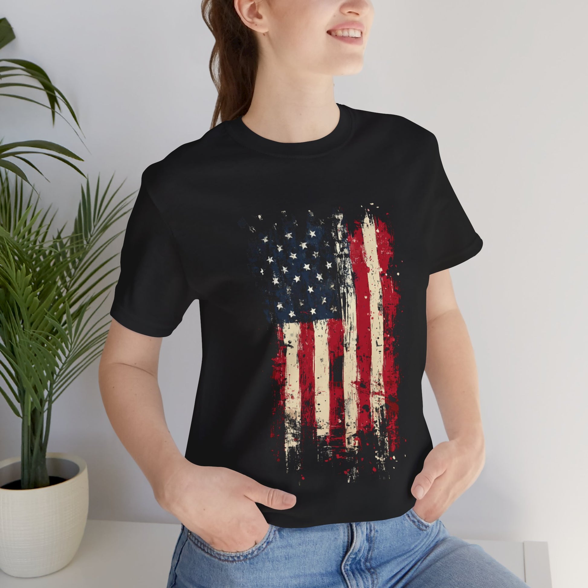 USA Grunge Flag  Black T-Shirt – Lifestyle Model Front