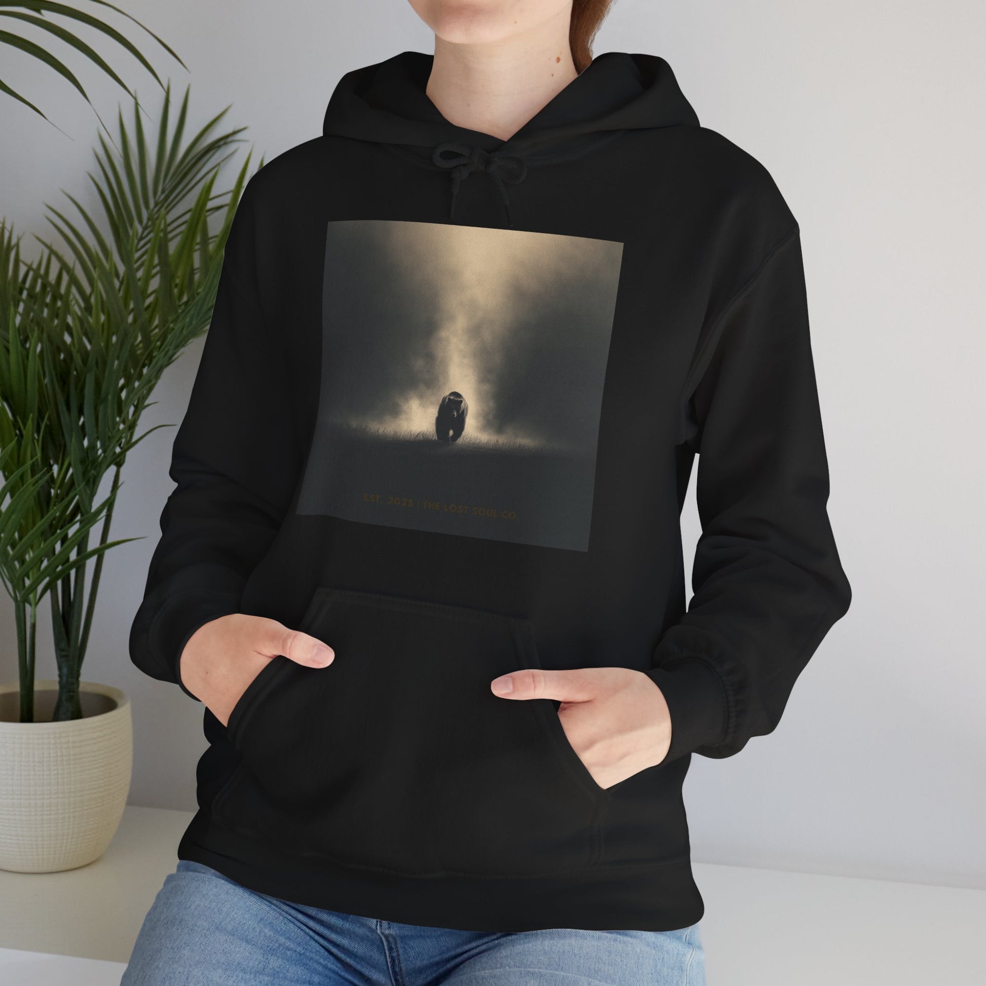  close up view of Model wearing Black hoodie with cinematic bear silhouette walking into golden light – The Lost Soul Co.  