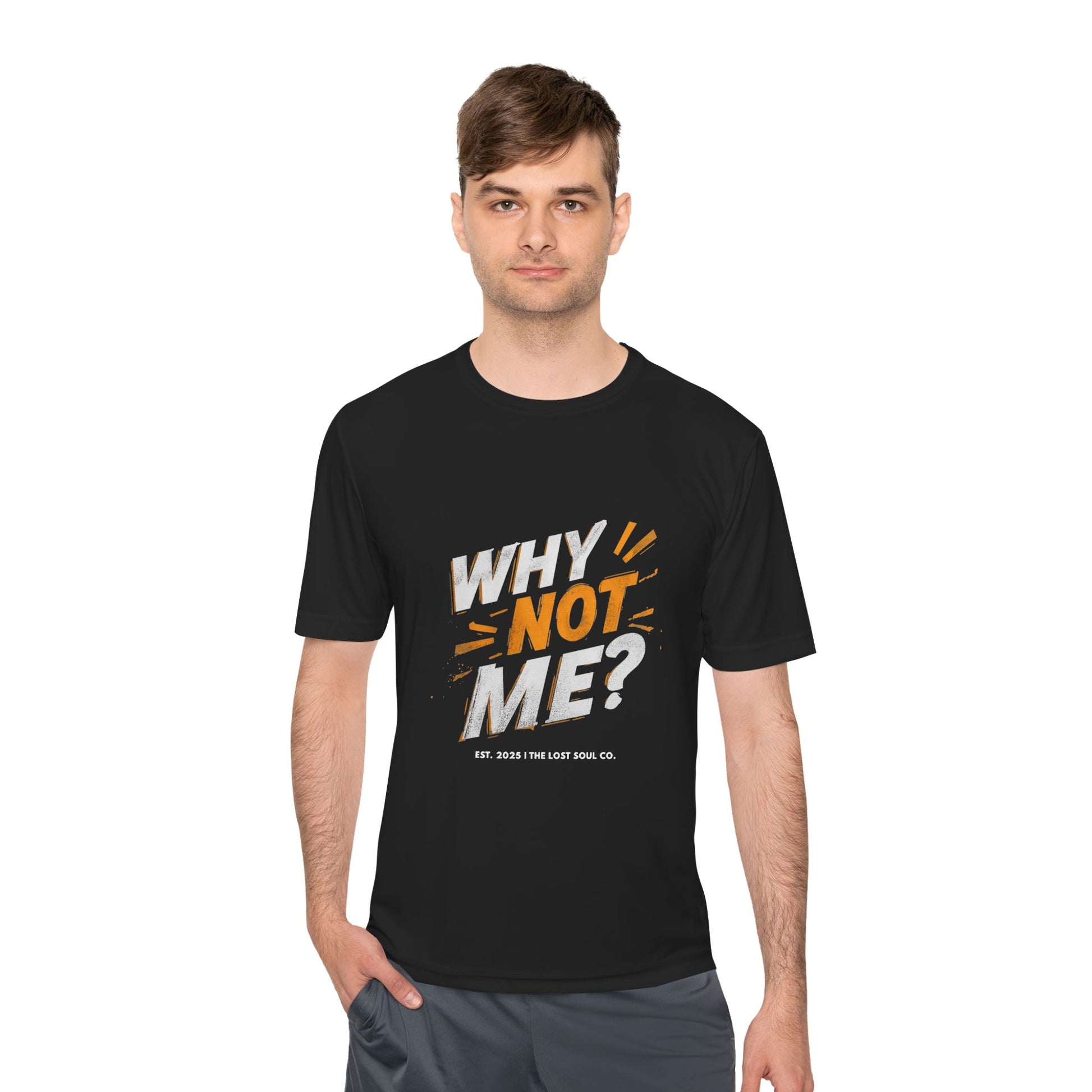 Model wearing a black “WHY NOT ME?” motivational gymwear tee with bold white and orange grunge typography from The Lost Soul Co.
