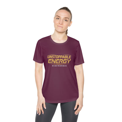 Woman wearing maroon gymwear tee with “Unstoppable Energy” printed in bold gold — fitness performance shirt by The Lost Soul Co.
