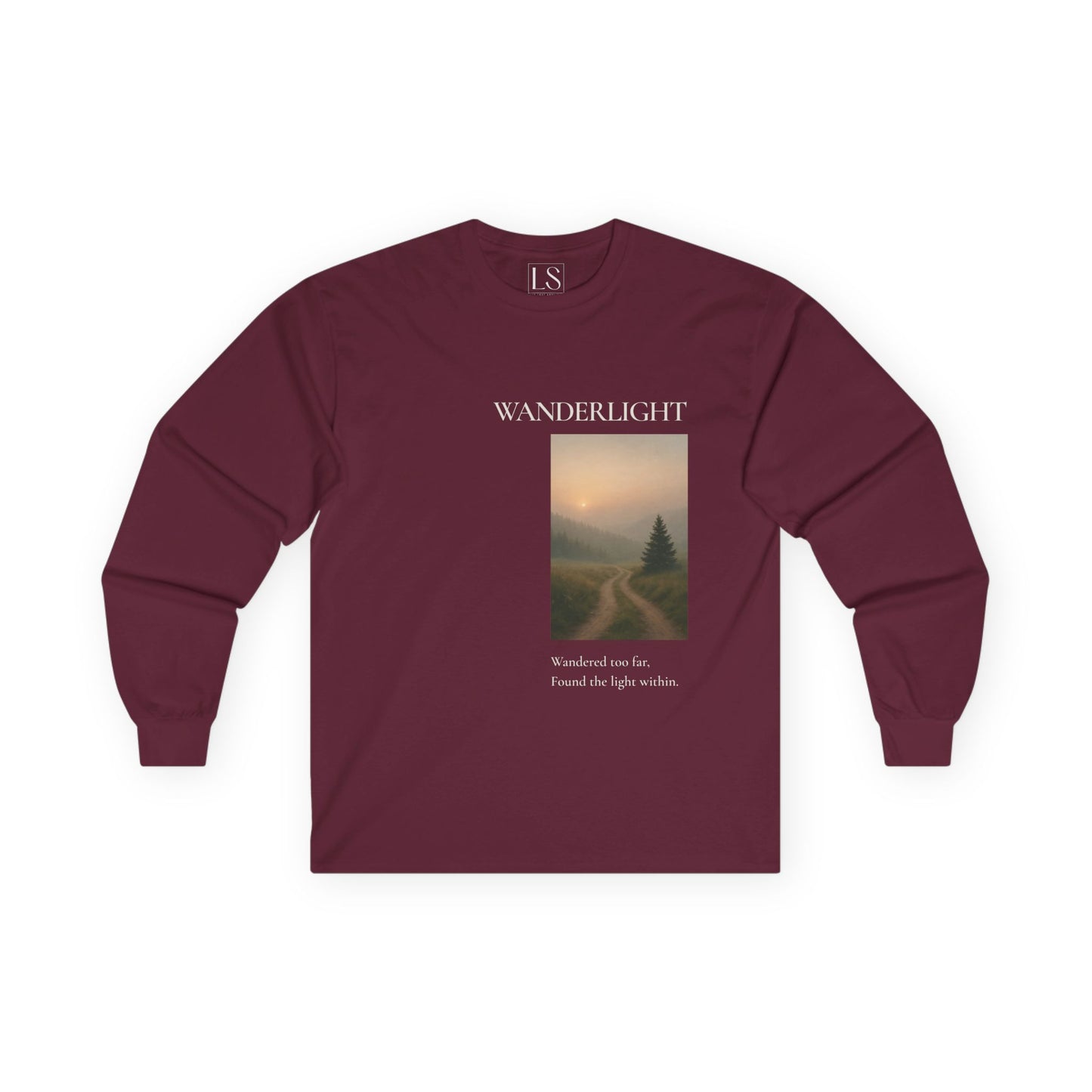 Wanderlight long sleeve tee in maroon with misty forest trail graphic