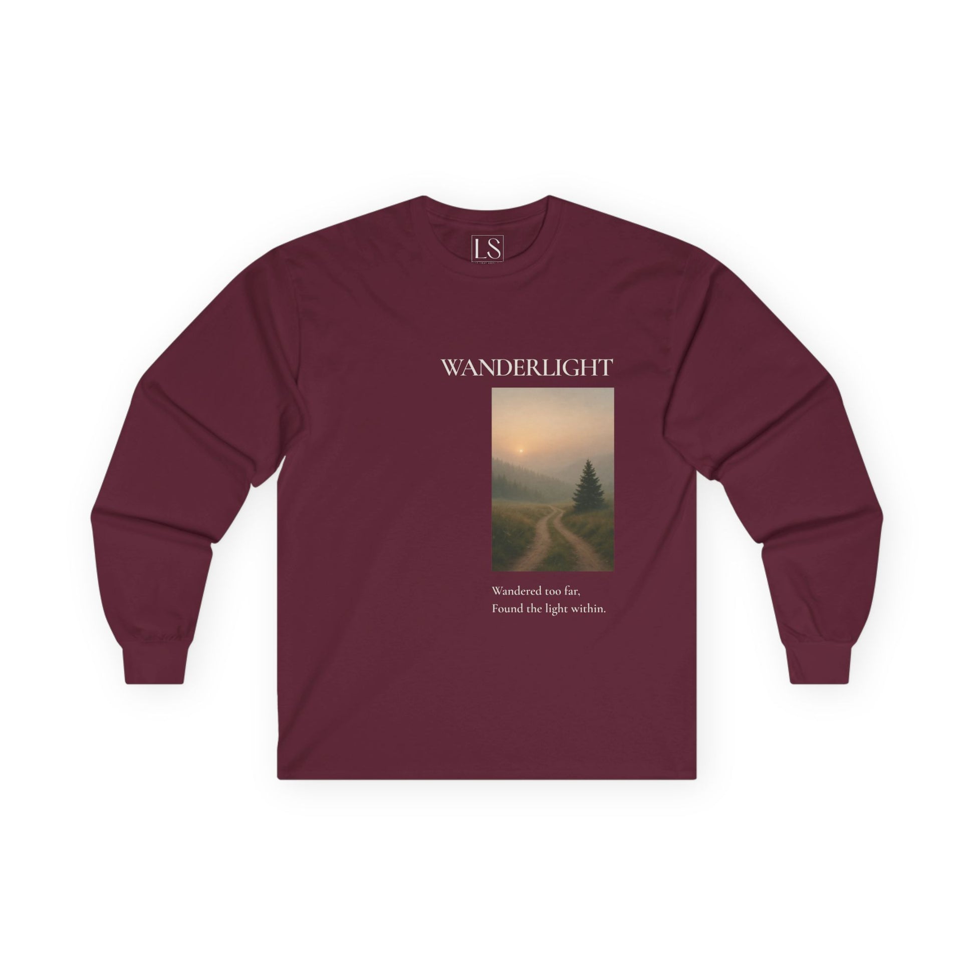 Wanderlight long sleeve tee in maroon with misty forest trail graphic