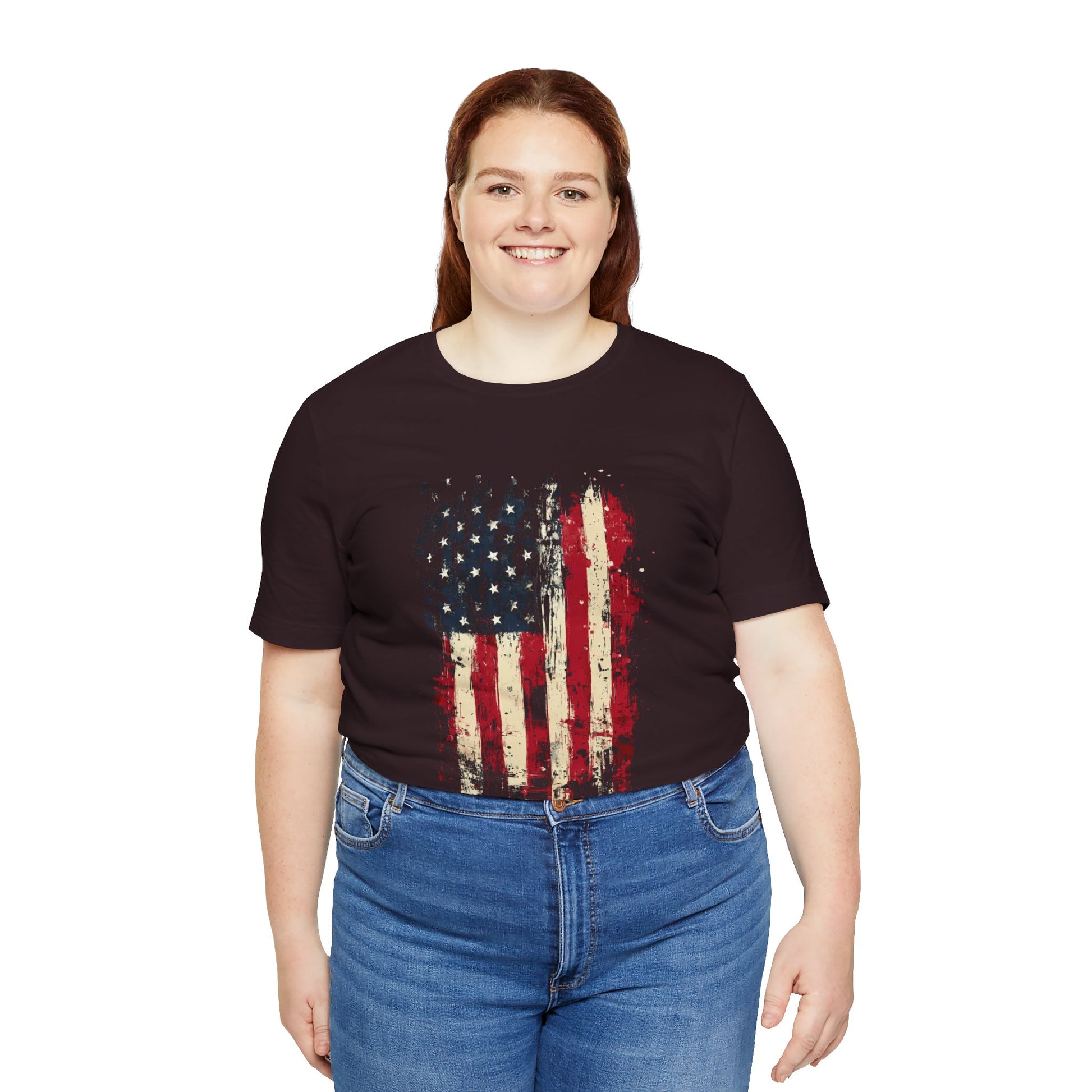 USA Grunge Flag T-Shirt – Female Model Standing
