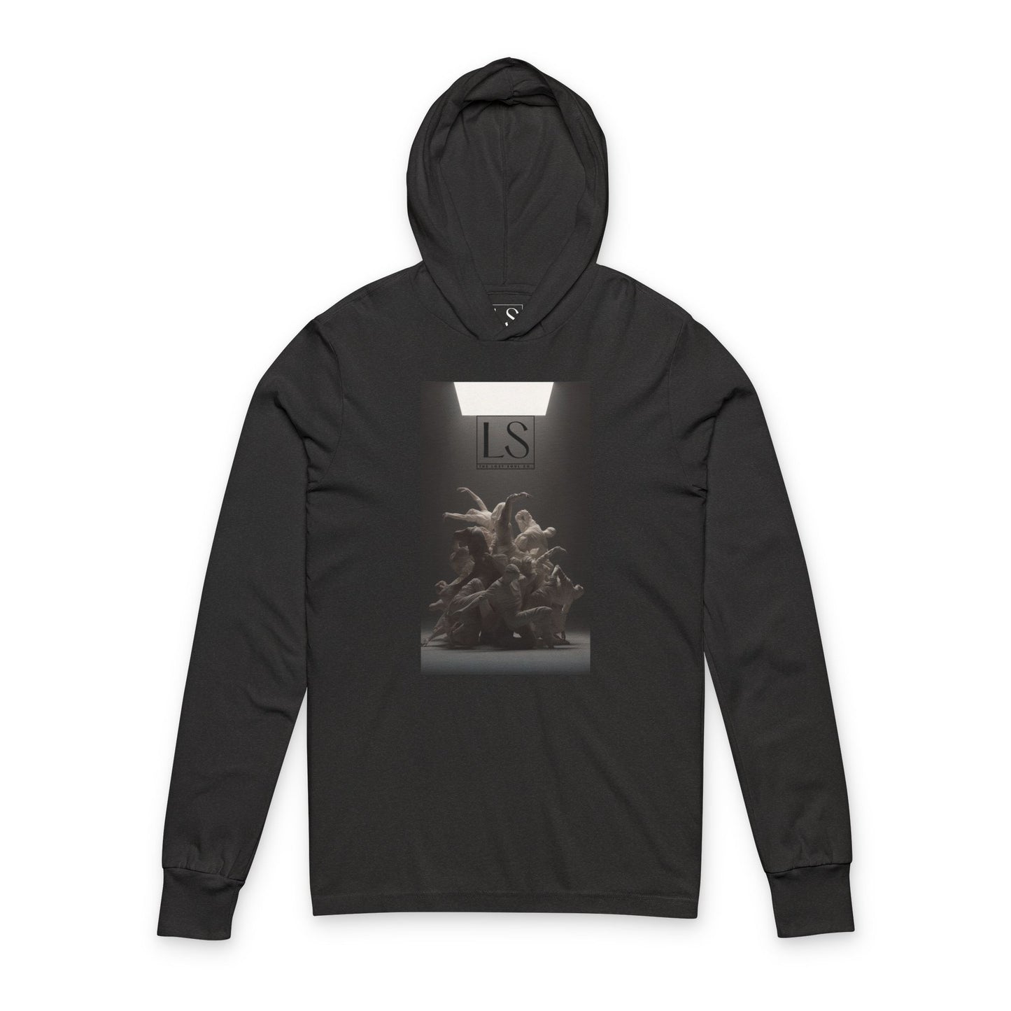 Hooded long sleeve charcoal black triblend tee featuring grayscale sculpture of entwined dancers under spotlight with LS logo - front view
