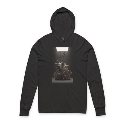 Hooded long sleeve charcoal black triblend tee featuring grayscale sculpture of entwined dancers under spotlight with LS logo - front view