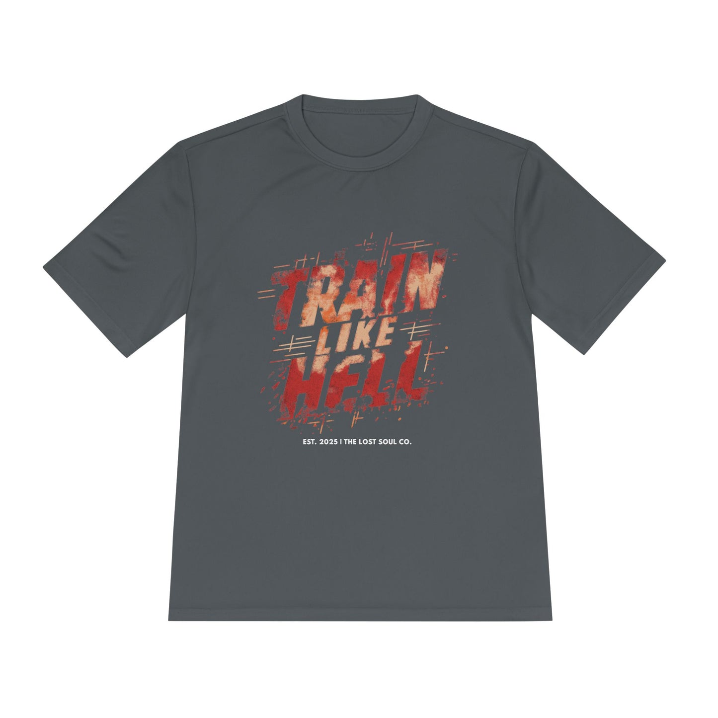 Iron Gray gymwear tee with 'Train Like Hell' flat lay mockup - The Lost Soul C.