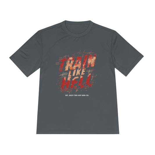 Iron Gray gymwear tee with 'Train Like Hell' flat lay mockup - The Lost Soul C.
