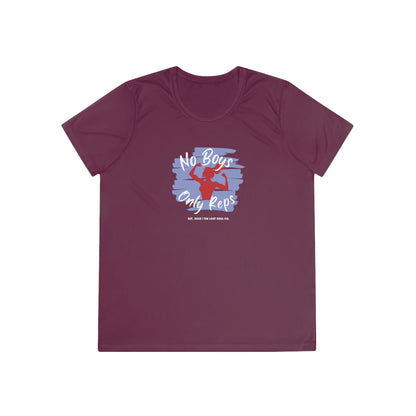 Maroon women’s tee with red silhouette and script ‘No Boys, Only Reps’ — bold gymwear for feminine strength