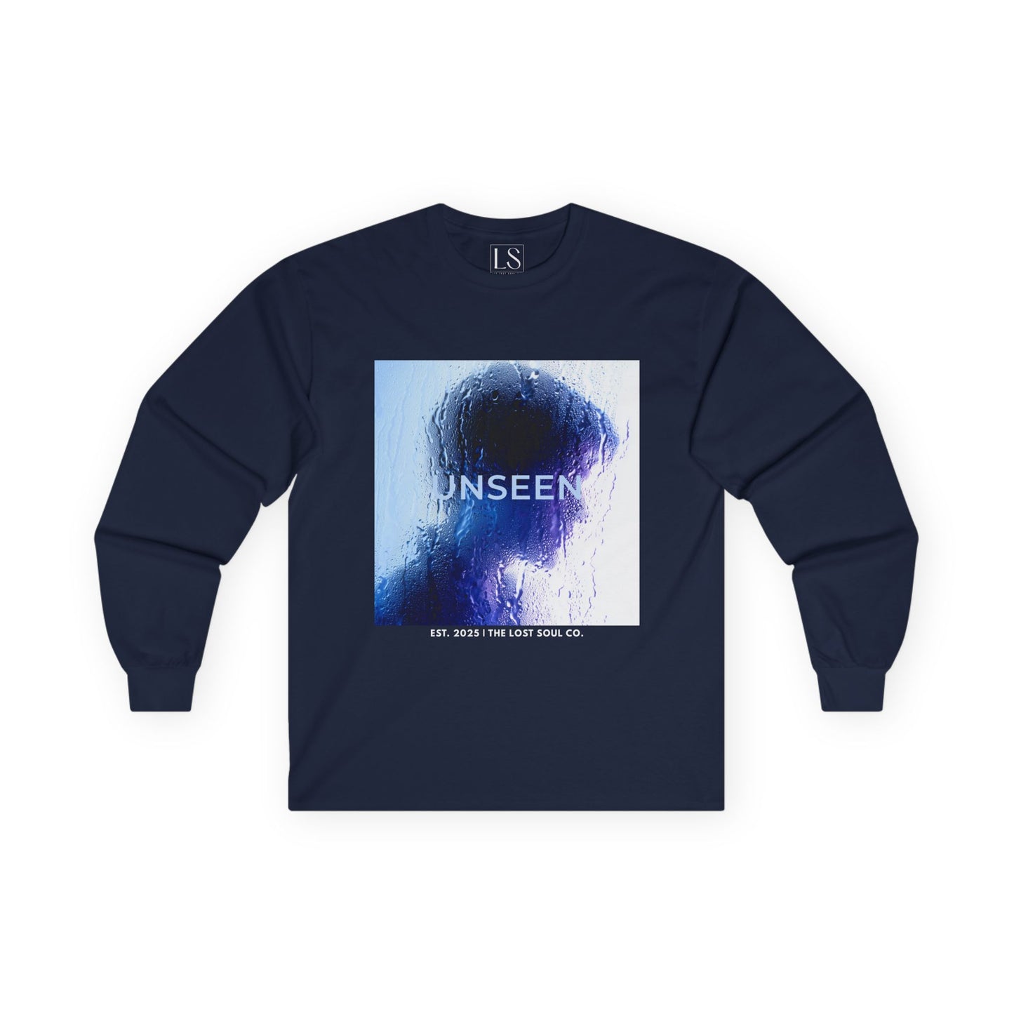 Front mockup of “UNSEEN” long sleeve navy tee silhouette behind wet glass in blue tones with brand name below.