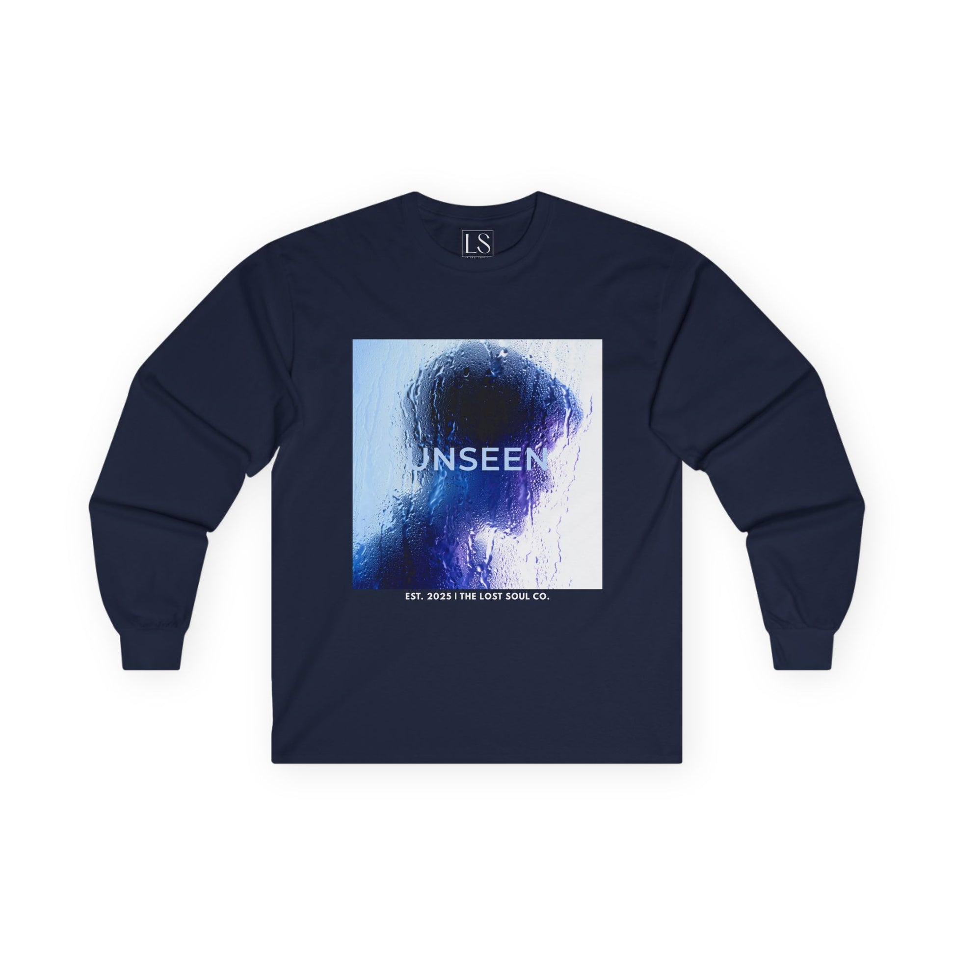 Front mockup of “UNSEEN” long sleeve navy tee silhouette behind wet glass in blue tones with brand name below.