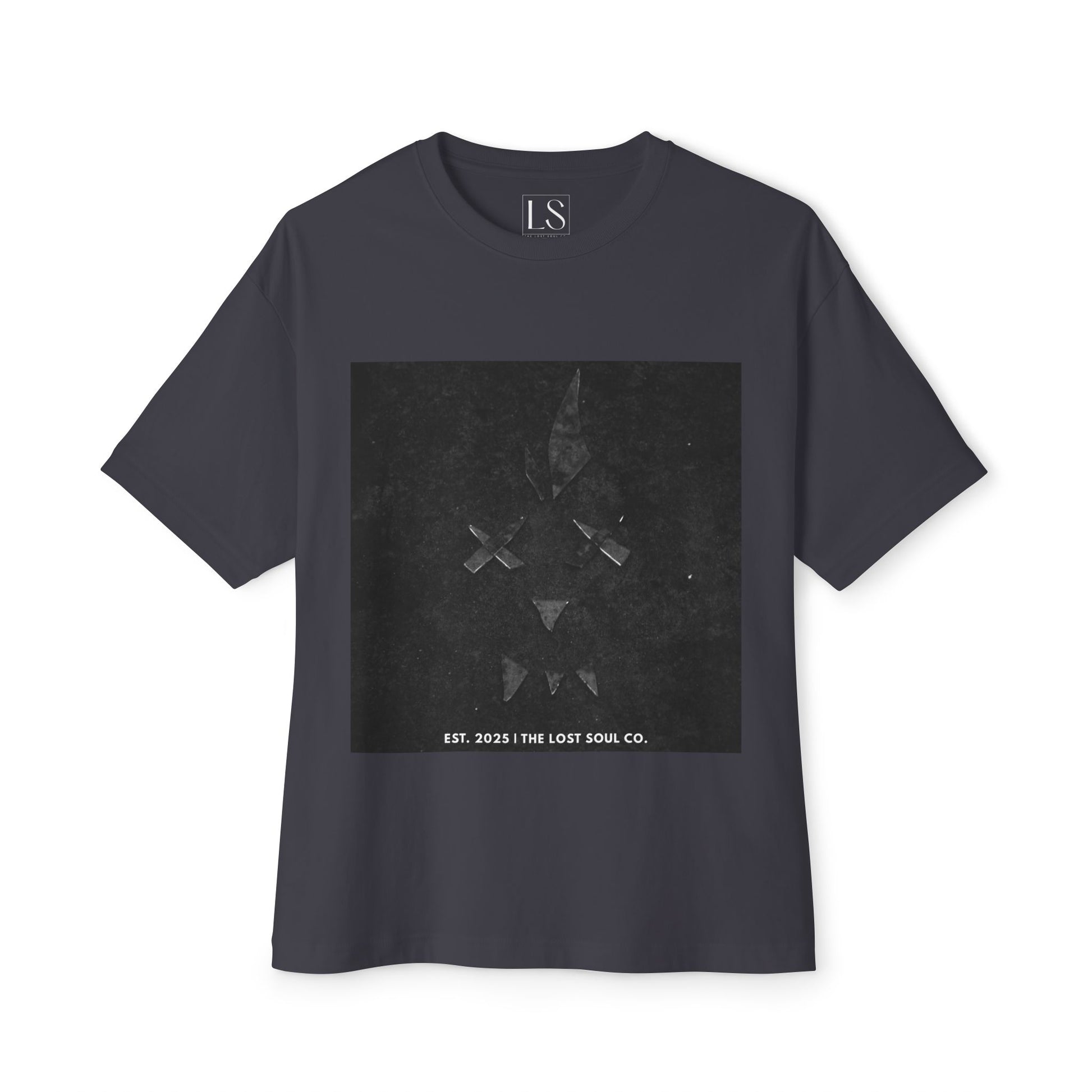 Broken glass face artwork in grayscale – The Lost Soul Co. oversized tee front view.