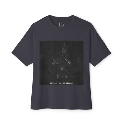 Broken glass face artwork in grayscale – The Lost Soul Co. oversized tee front view.