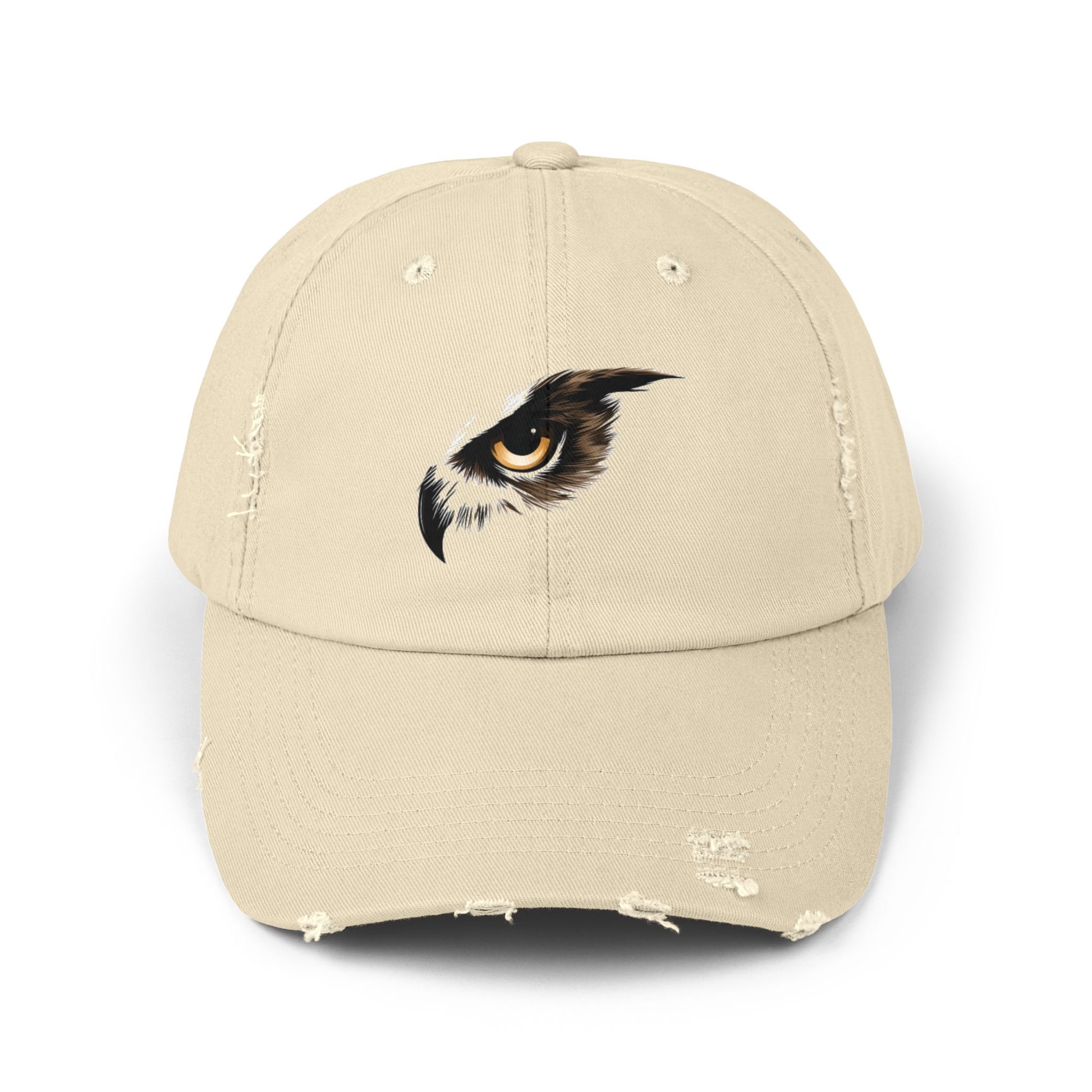 Stone distressed cap with off-center hawk eye design in soft beige and black – The Lost Soul Co.
