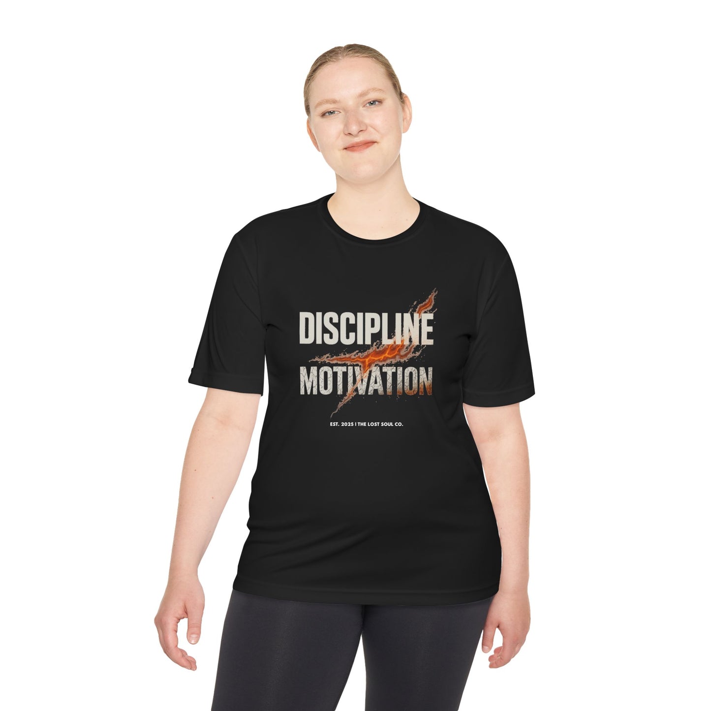 Person wearing a black t-shirt with 'Discipline Motivation' text and   fire lightning strike graphic– premium gymwear by The Lost Soul Co.