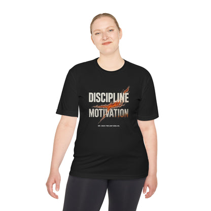 Person wearing a black t-shirt with 'Discipline Motivation' text and   fire lightning strike graphic– premium gymwear by The Lost Soul Co.