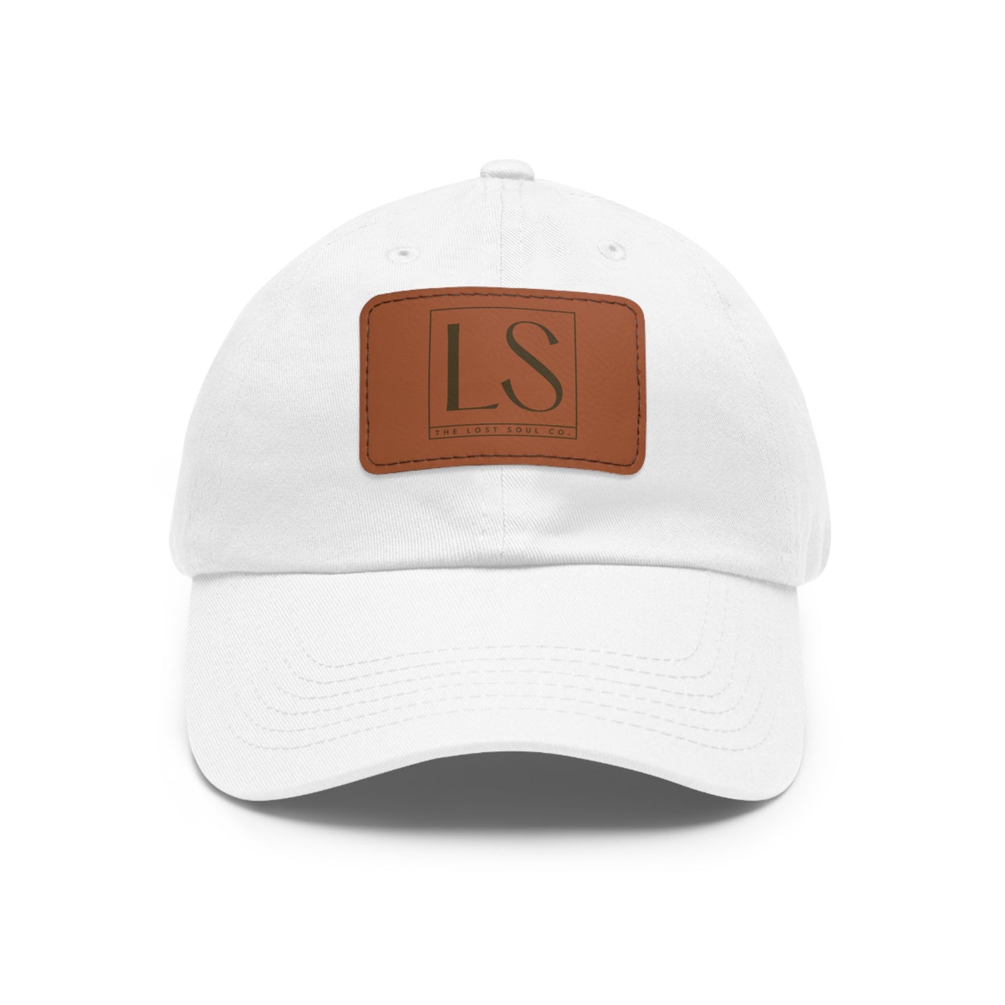 White lightweight dad hat with LS logo debossed on light brown faux leather patch – The Lost Soul Co.