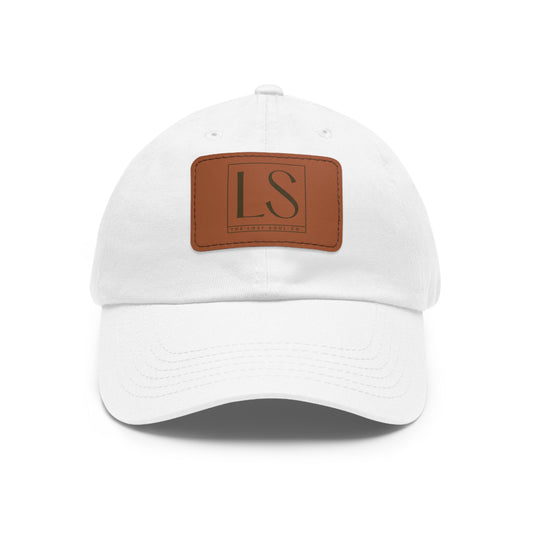 White lightweight dad hat with LS logo debossed on light brown faux leather patch – The Lost Soul Co.