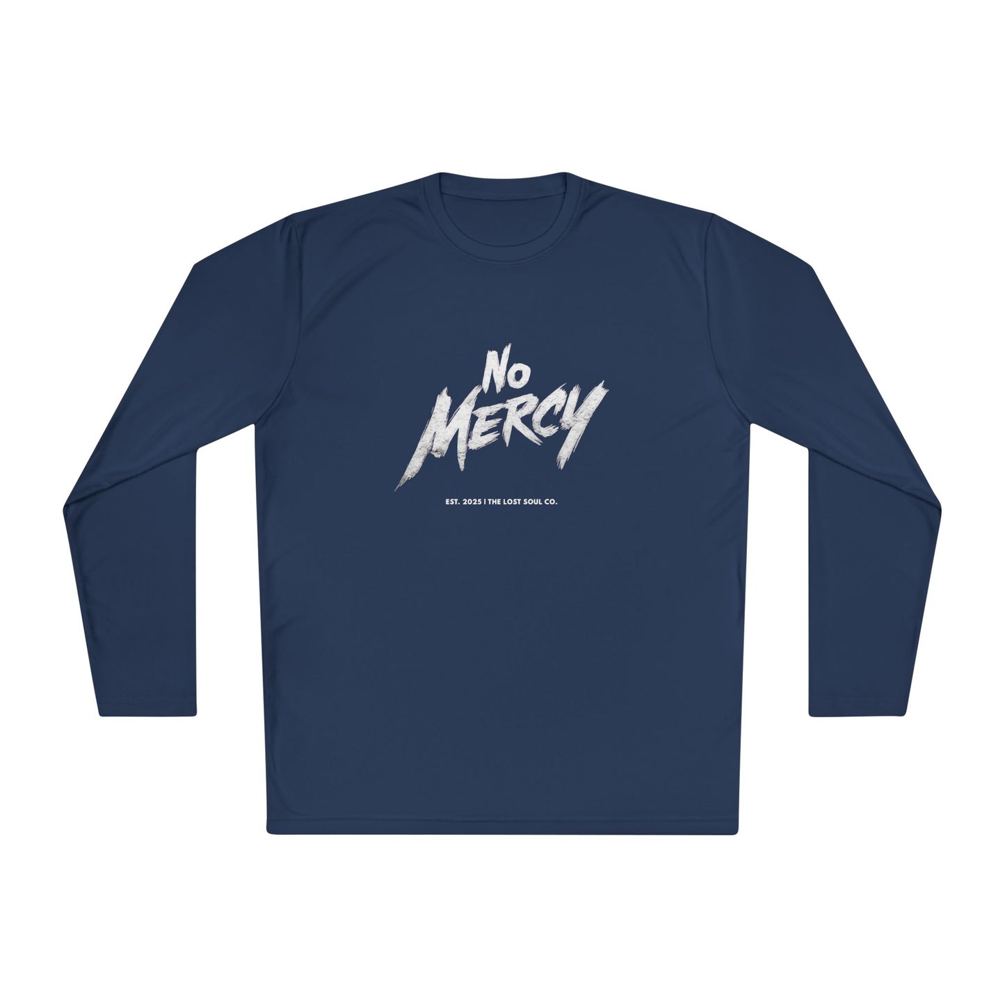 Navy blue long-sleeve shirt with 'No Mercy' text - flat lay