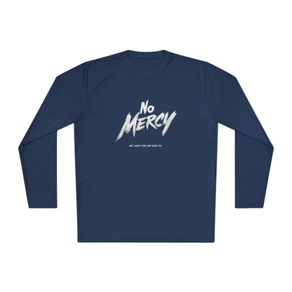 Navy blue long-sleeve shirt with 'No Mercy' text - flat lay