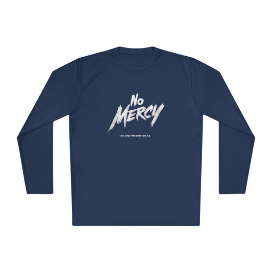 Navy blue long-sleeve shirt with 'No Mercy' text - flat lay