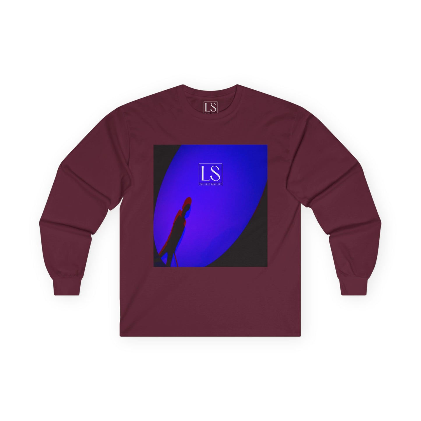 Lost Shadow long sleeve tee in maroon— neon silhouette spotlight design.