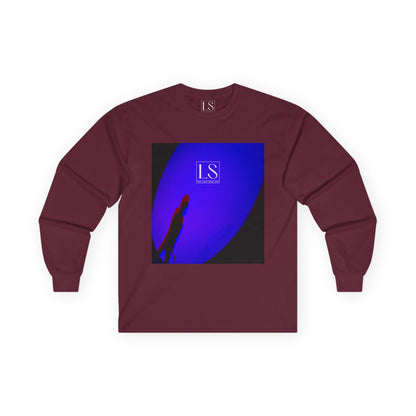 Lost Shadow long sleeve tee in maroon— neon silhouette spotlight design.