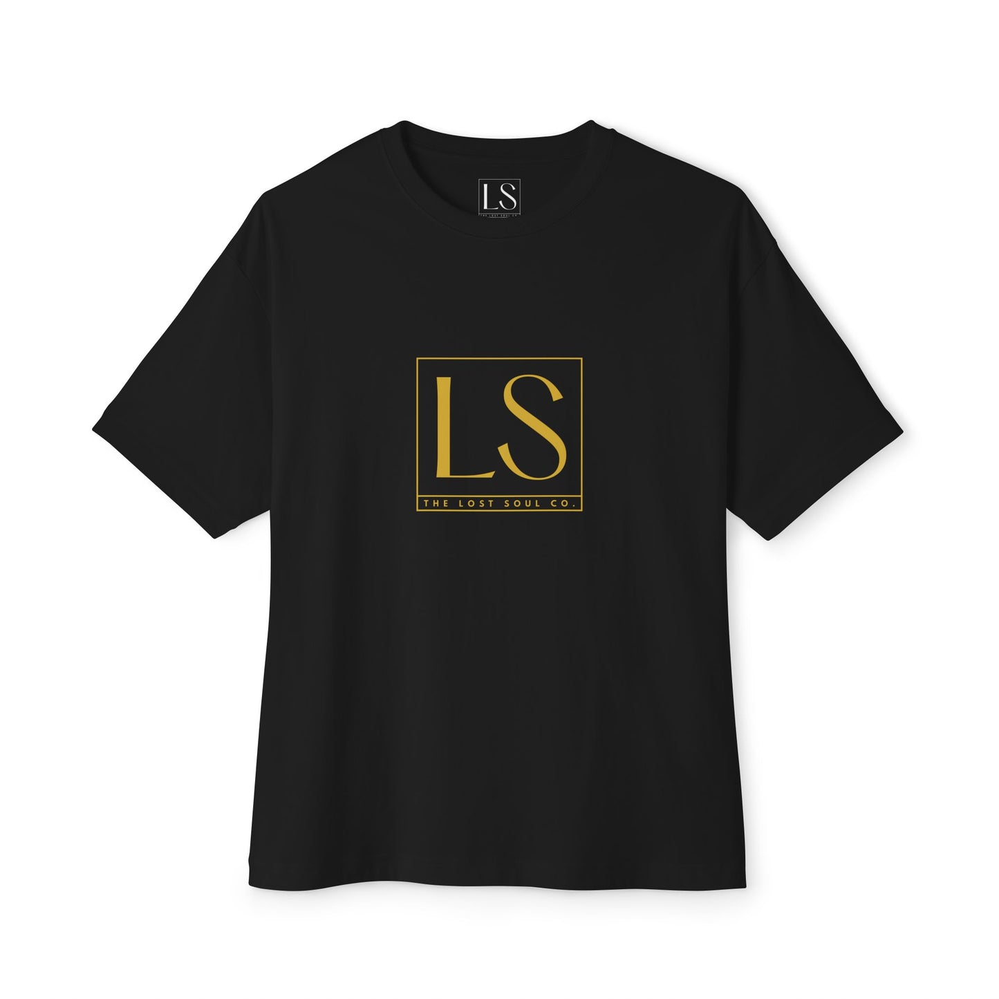 Classic Logo Boxy Tee by The Lost Soul Co. with centered square LS logo on oversized black t-shirt
