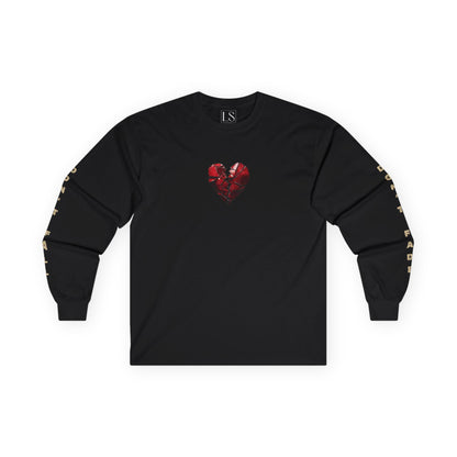 Inner Collapse long sleeve tee in black with cracked red heart on chest 