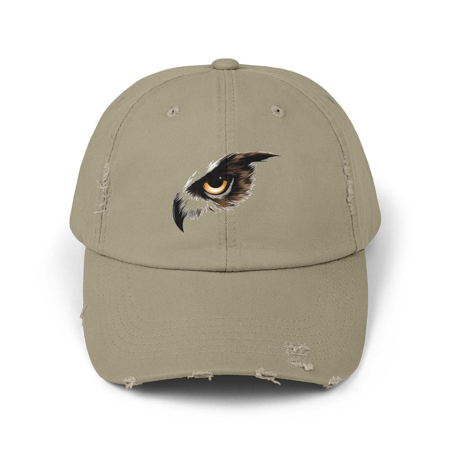 Light olive distressed cap featuring hawk eye graphic left of center – The Lost Soul Co.
