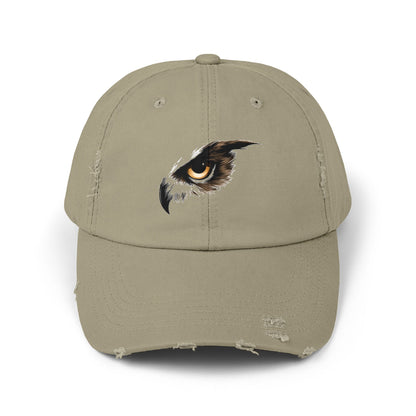 Light olive distressed cap featuring hawk eye graphic left of center – The Lost Soul Co.