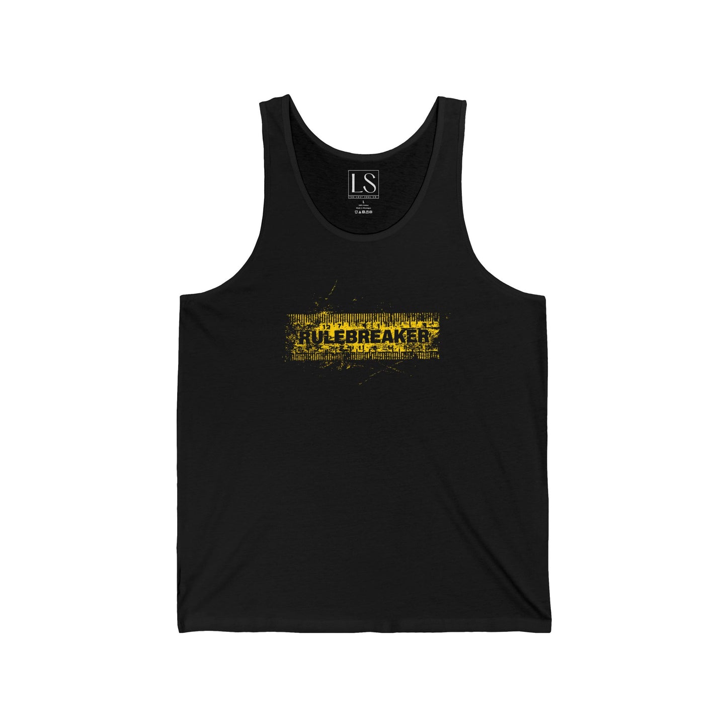 Front view of black unisex tank top featuring a bold yellow “RuleBreaker” ruler graphic, styled for gymwear and streetwear - The Lost Soul Co.
