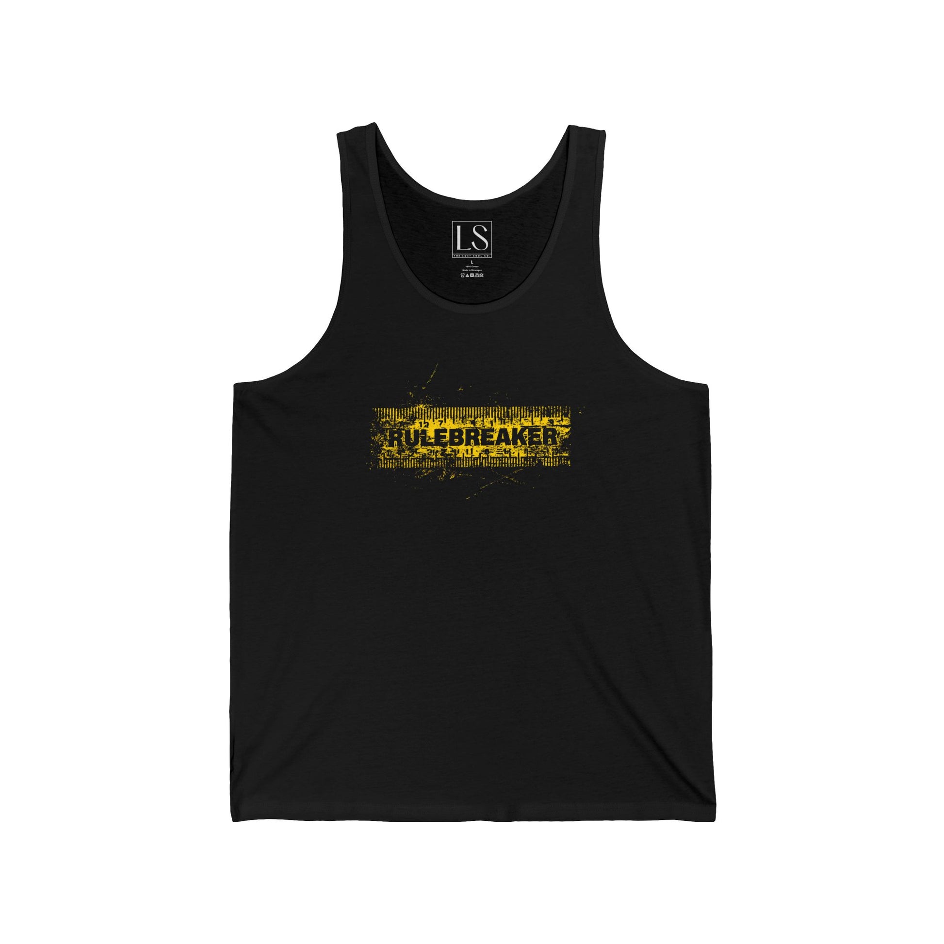 Front view of black unisex tank top featuring a bold yellow “RuleBreaker” ruler graphic, styled for gymwear and streetwear - The Lost Soul Co.
