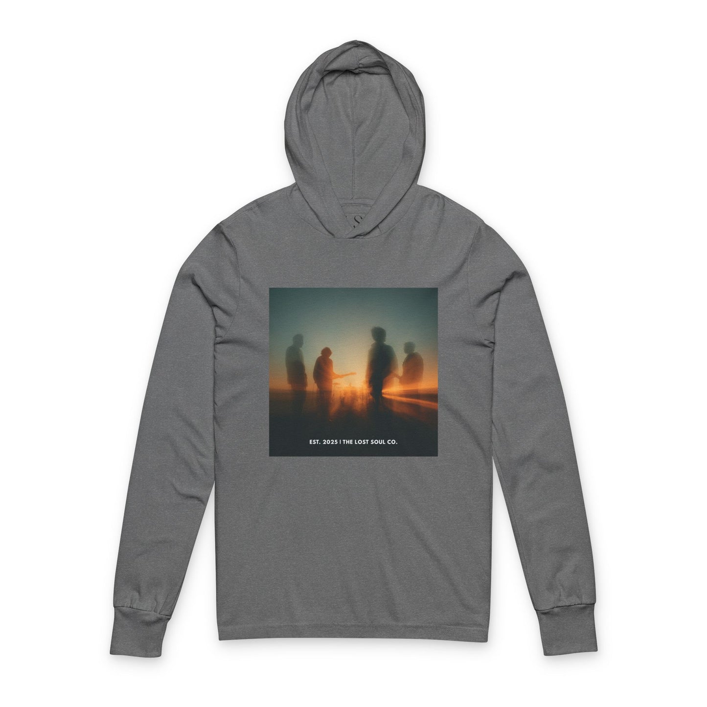 Grey Triblend hoodie featuring blurred band silhouette dissolving in golden light – The Lost Soul Co.