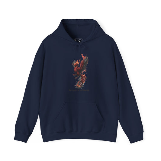 Navy hoodie with fiery red phoenix rising from crumbled brick and flame – The Lost Soul Co.