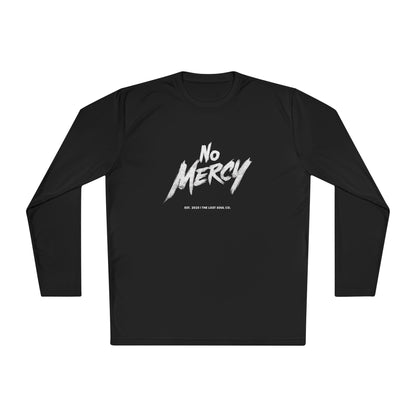 Black long-sleeve shirt with 'No Mercy' text on a white background