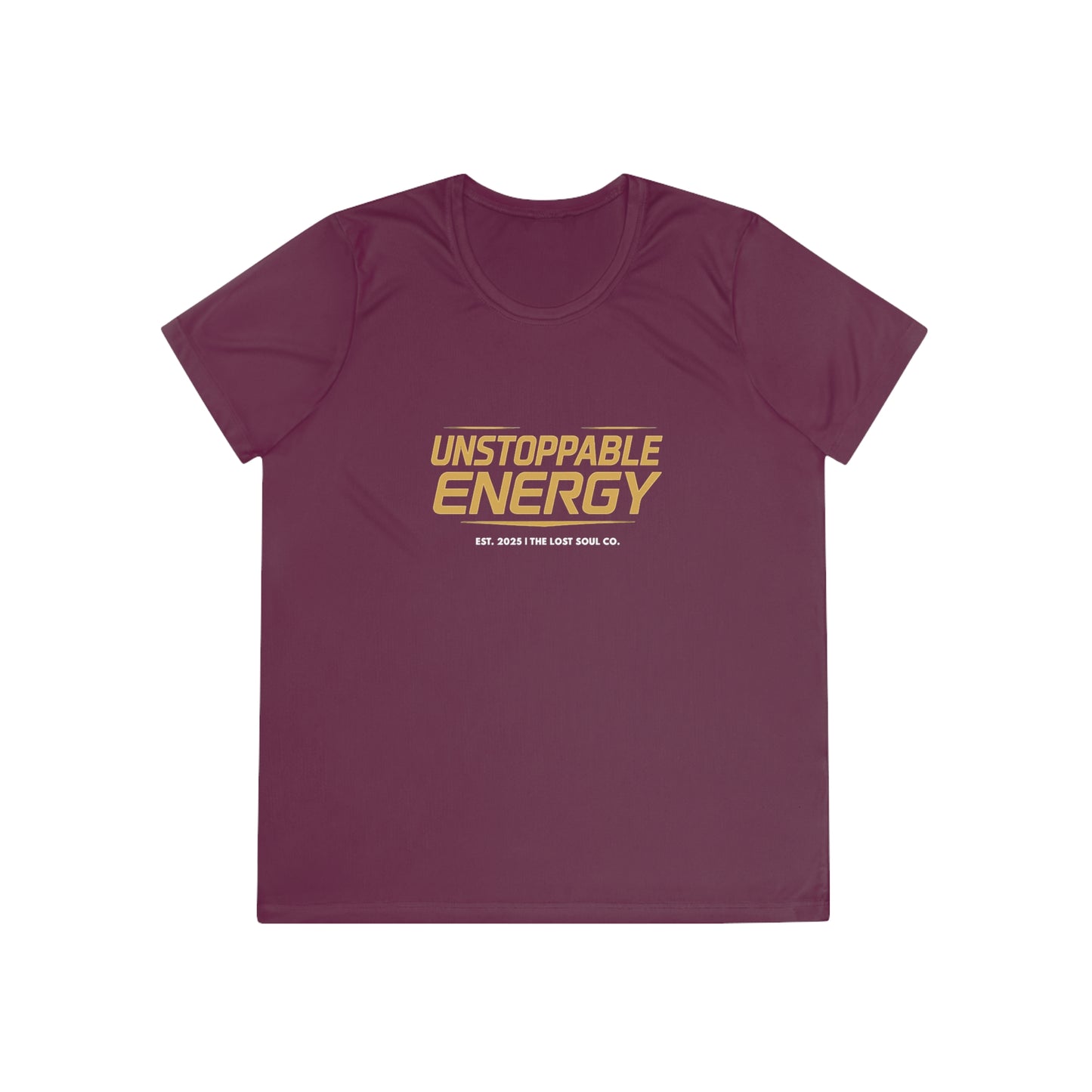  maroon gymwear tee with “Unstoppable Energy” printed in bold gold — women’s fitness performance shirt by The Lost Soul Co.
