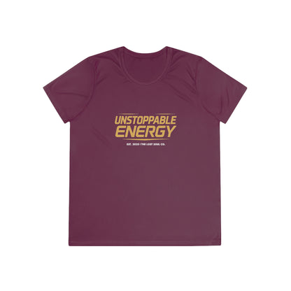  maroon gymwear tee with “Unstoppable Energy” printed in bold gold — women’s fitness performance shirt by The Lost Soul Co.
