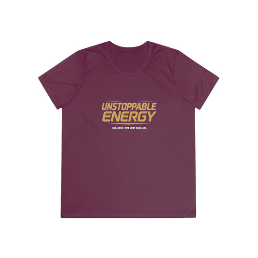  maroon gymwear tee with “Unstoppable Energy” printed in bold gold — women’s fitness performance shirt by The Lost Soul Co.
