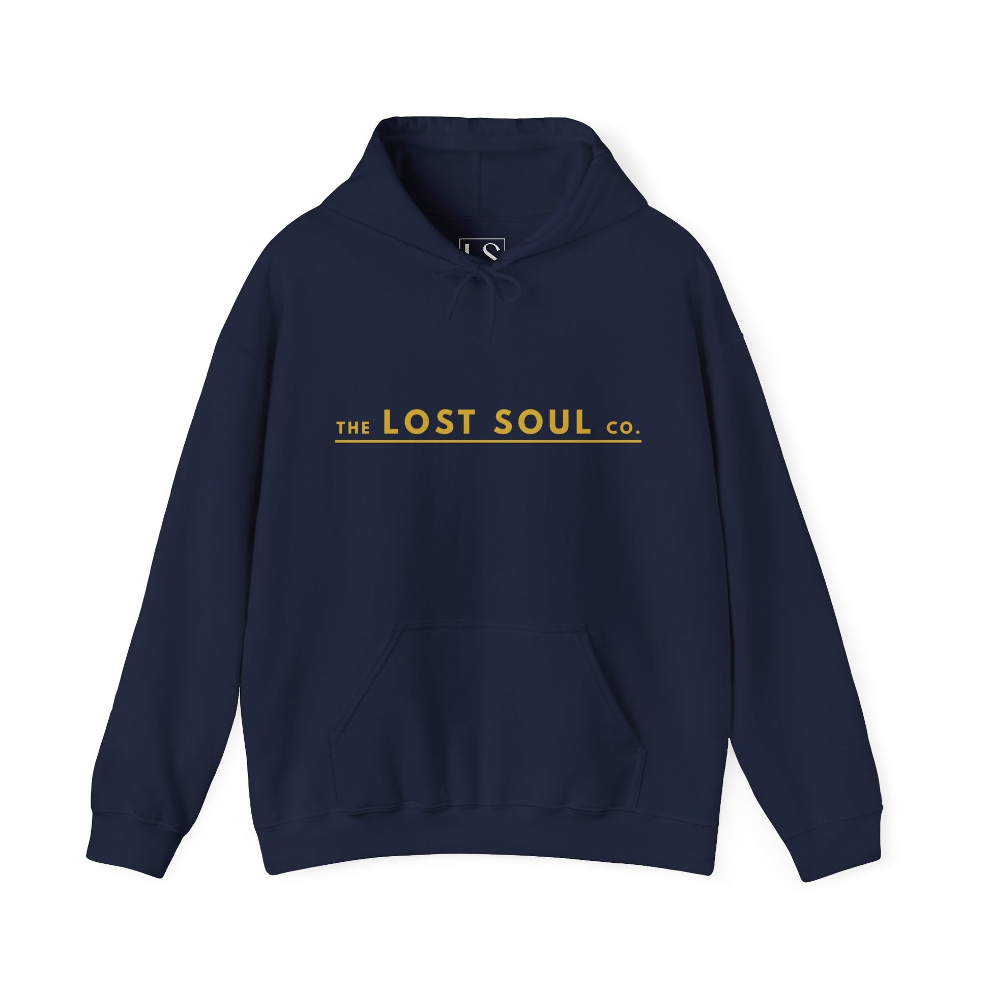 Navy unisex hoodie featuring the signature horizontal Lost Soul logo
