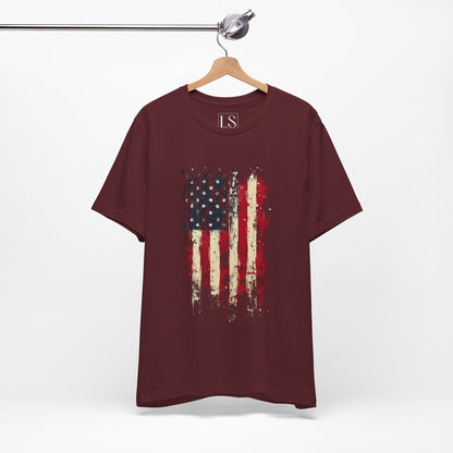USA Grunge Flag T-Shirt – Front View on Hanger