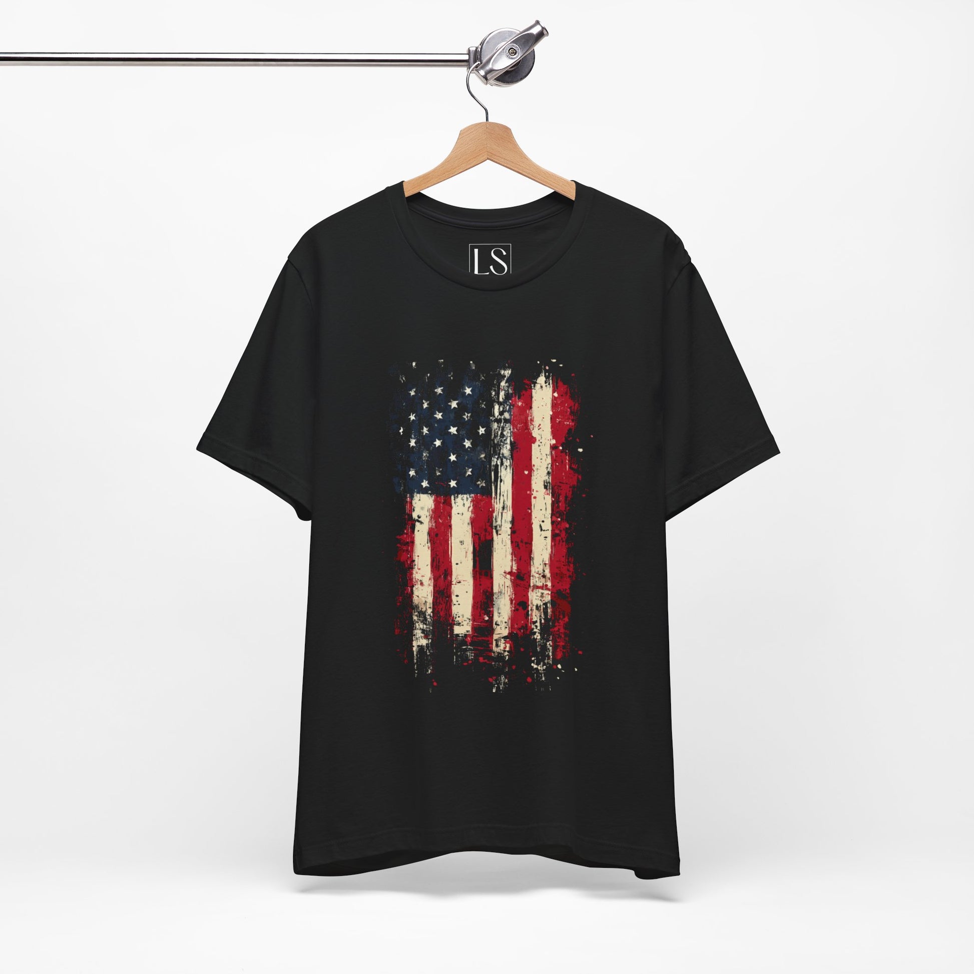 USA Grunge Flag  Black T-Shirt – Front View on Hanger