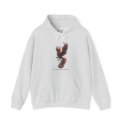 Ash hoodie with red phoenix erupting from shattered brick and fire – The Lost Soul Co.