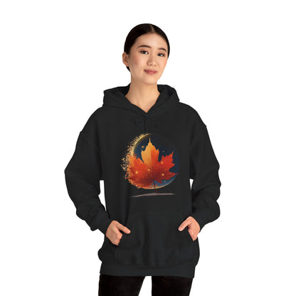 Model front wearing black Cosmic Maple streetwear hoodie