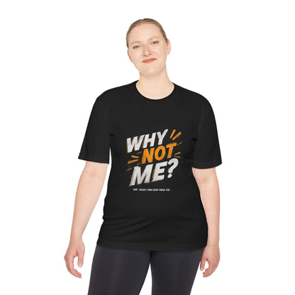 Female Model wearing a black “WHY NOT ME?” motivational gymwear tee with bold white and orange grunge typography from The Lost Soul Co.
