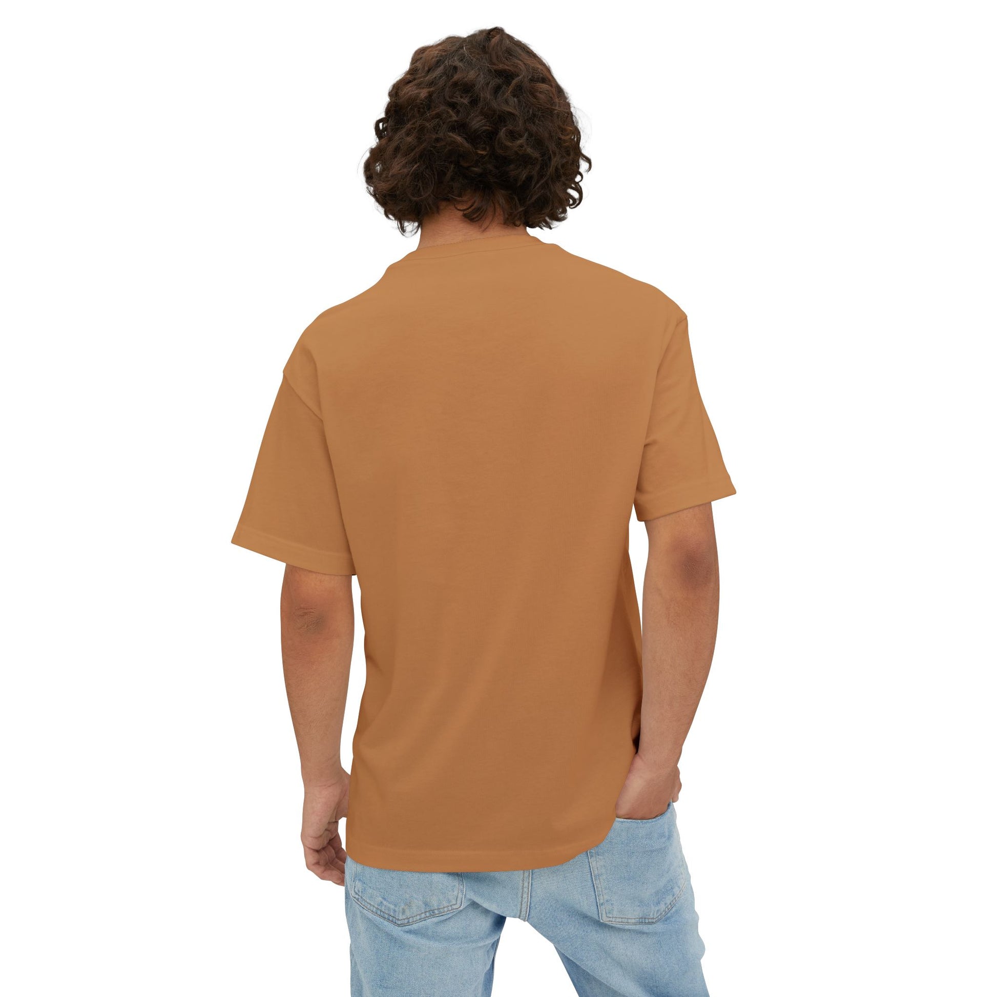 Model wearing Broken Face oversized boxy tee in Toast– back view.