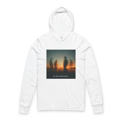 White hooded long sleeve tee with blurred band silhouettes in golden hour – The Lost Soul Co.
